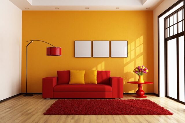 ترکیب سفید و زرد با رنگ قرمز در دکوراسیون داخلی منزل