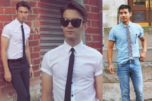 زیر پا گذاشتن اصول صحیح لباس پوشیدن مردانه با پوشیدن پیراهن آستین کوتاه و کراوات