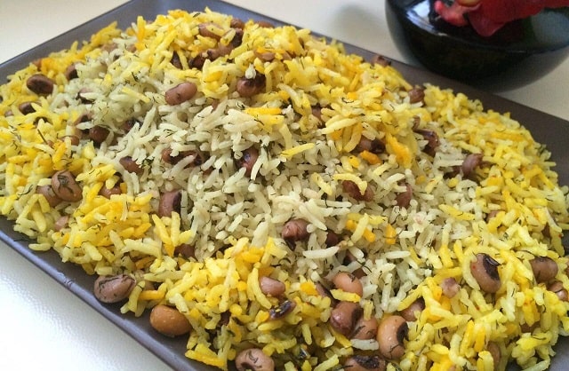 لوبیا پلو شیرازی با مرغ و برنج