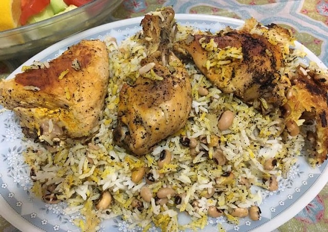 لوبیا پلو شیرازی با مرغ
