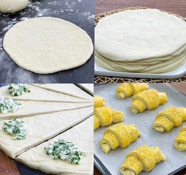در طرز تهیه کروسان سریع می‌توانید خمیر را در همان ابتدا به صورت ۷ و ۸ برش دهید و پنیر را لای آن بگذارید و آن را فر بگذارید.