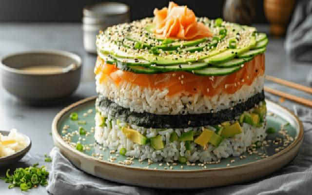 کیک سوشی با میگو از لوکسترین انواع غذا با میگو کیک سوشی با میگو از لوکسترین انواع غذا با میگو